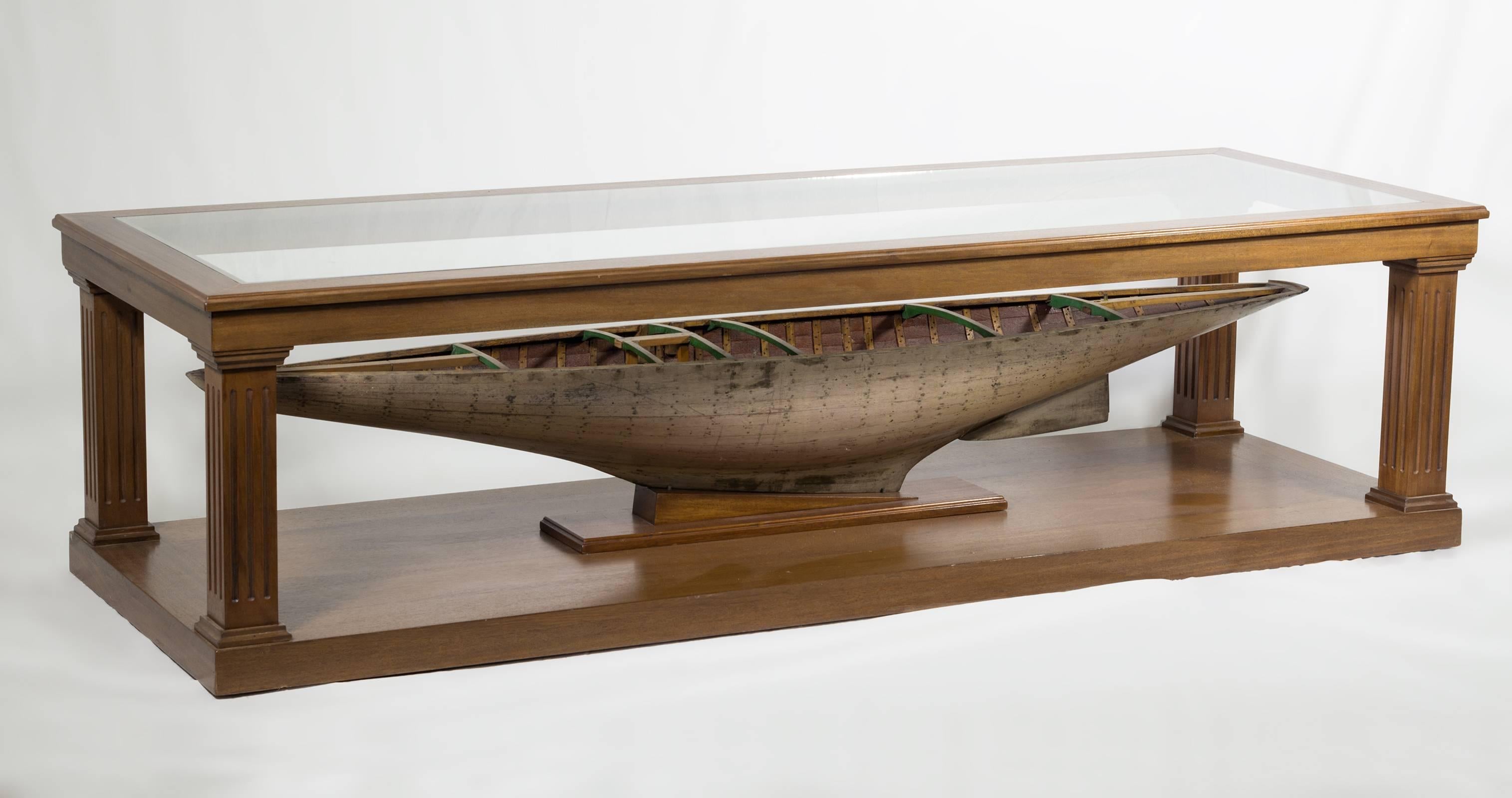 Folk Art Custom-Made Coffee Table with Antique Pond Yacht Model