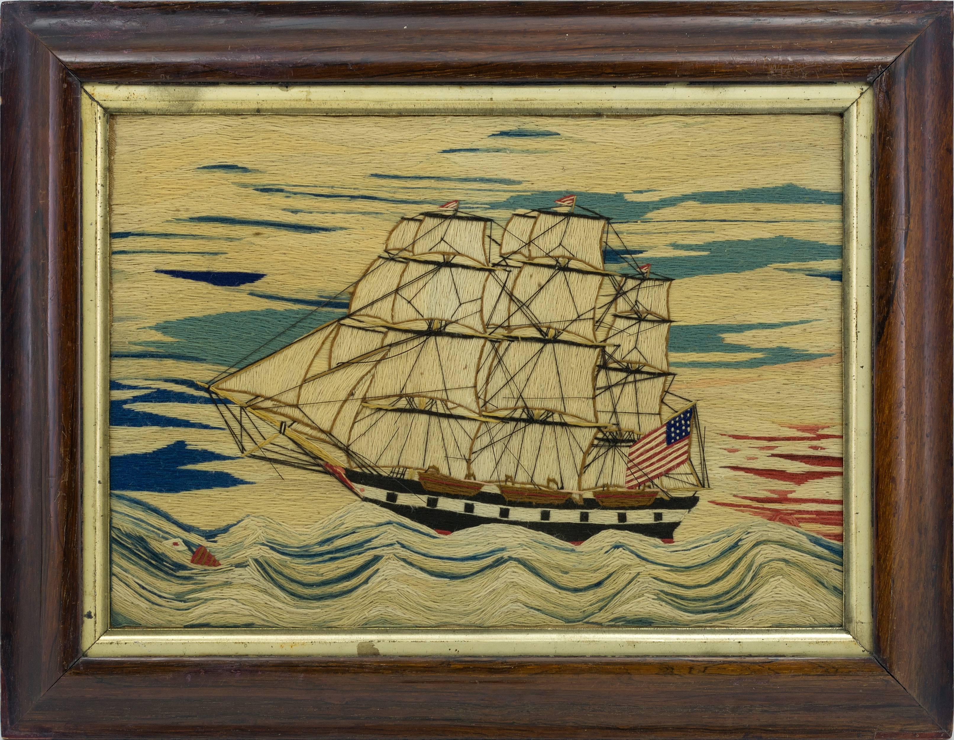 Extremely rare and important pair of woolwork pictures depicting American whale ships.
The first picture depicts a brown-hulled whale ship with false gunports. The port view
depicts whalemen on the 