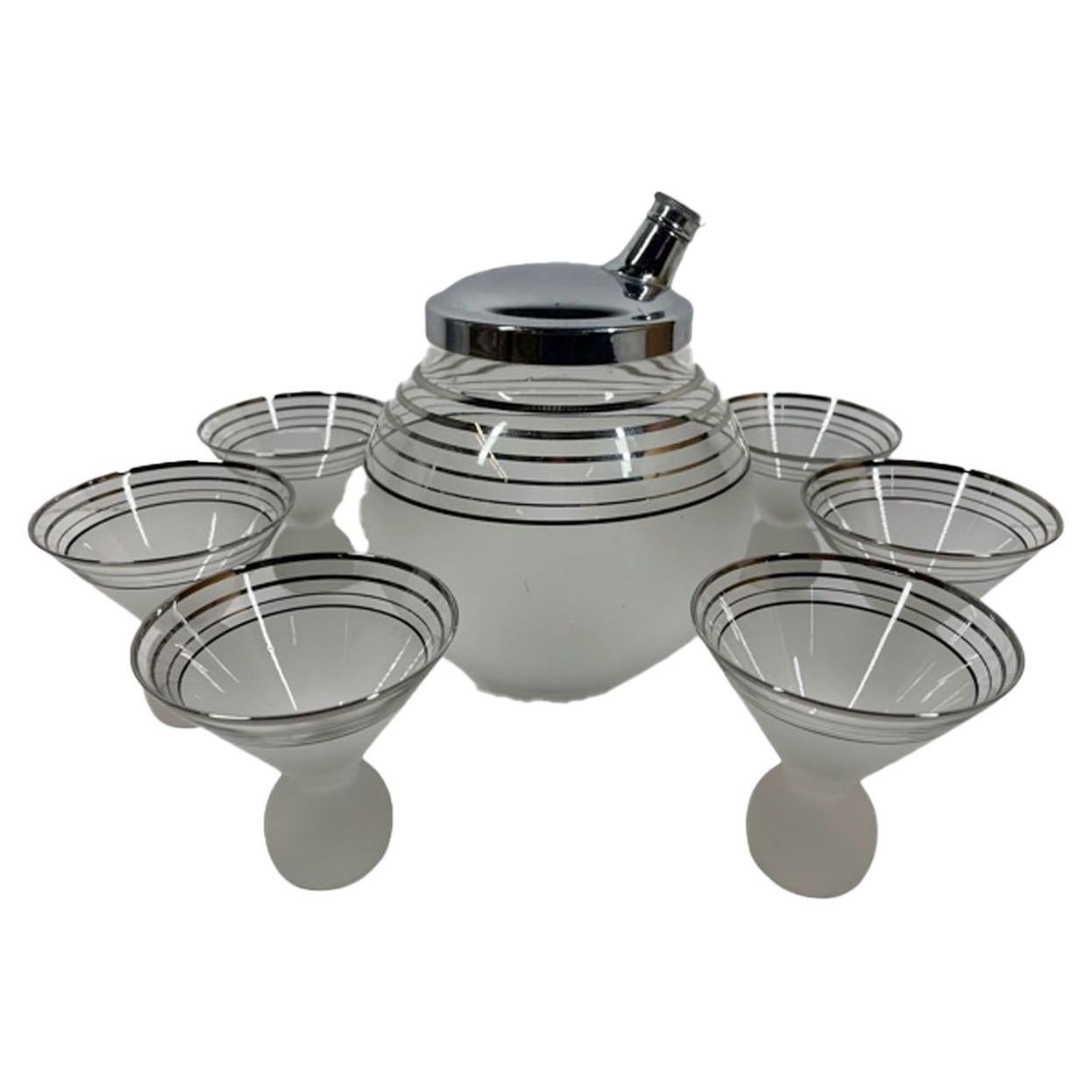Art Deco Ball Form Cocktail Shaker with Six Ball-Footed Martini Glasses