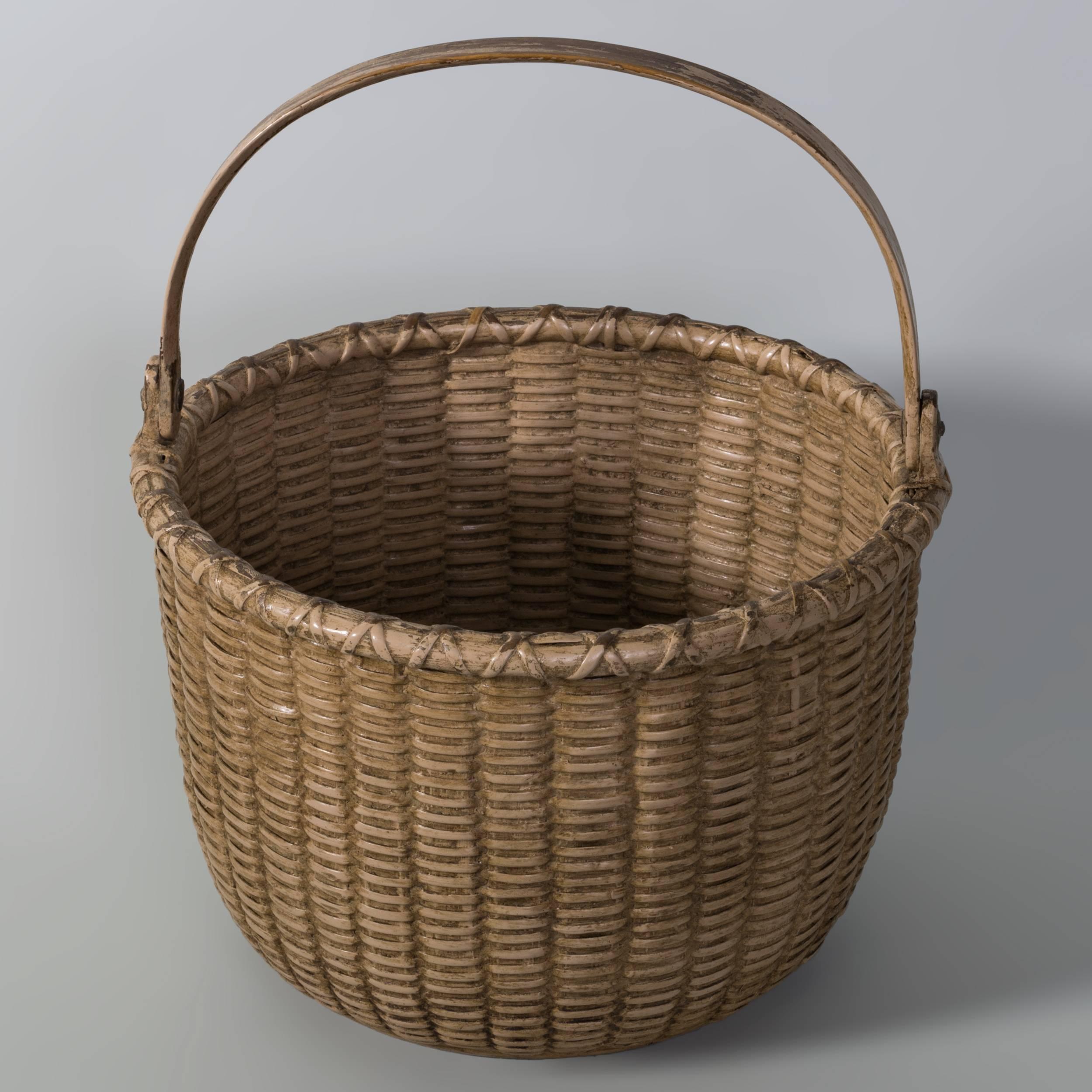 American Early Salmon Painted Nantucket Light Ship Basket, Late 19th Century For Sale