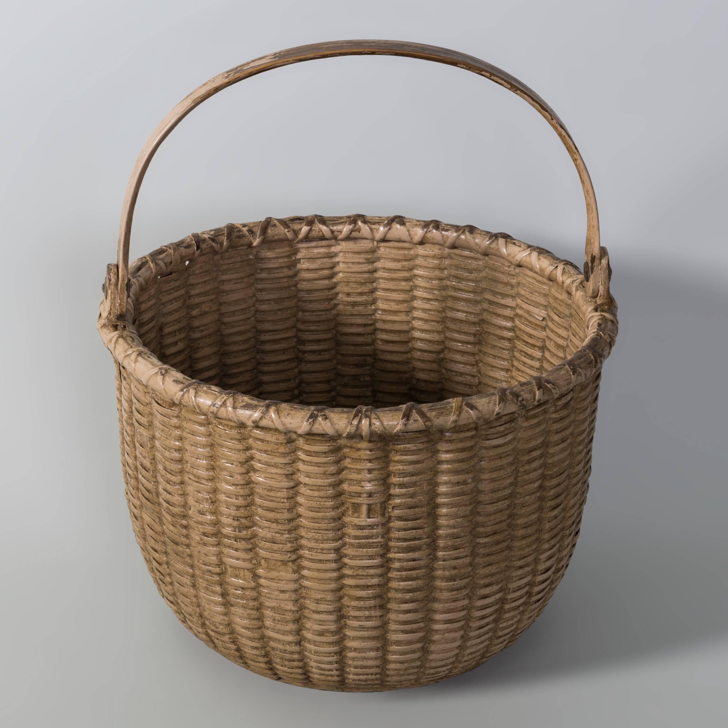 Folk Art Early Salmon Painted Nantucket Light Ship Basket, Late 19th Century For Sale