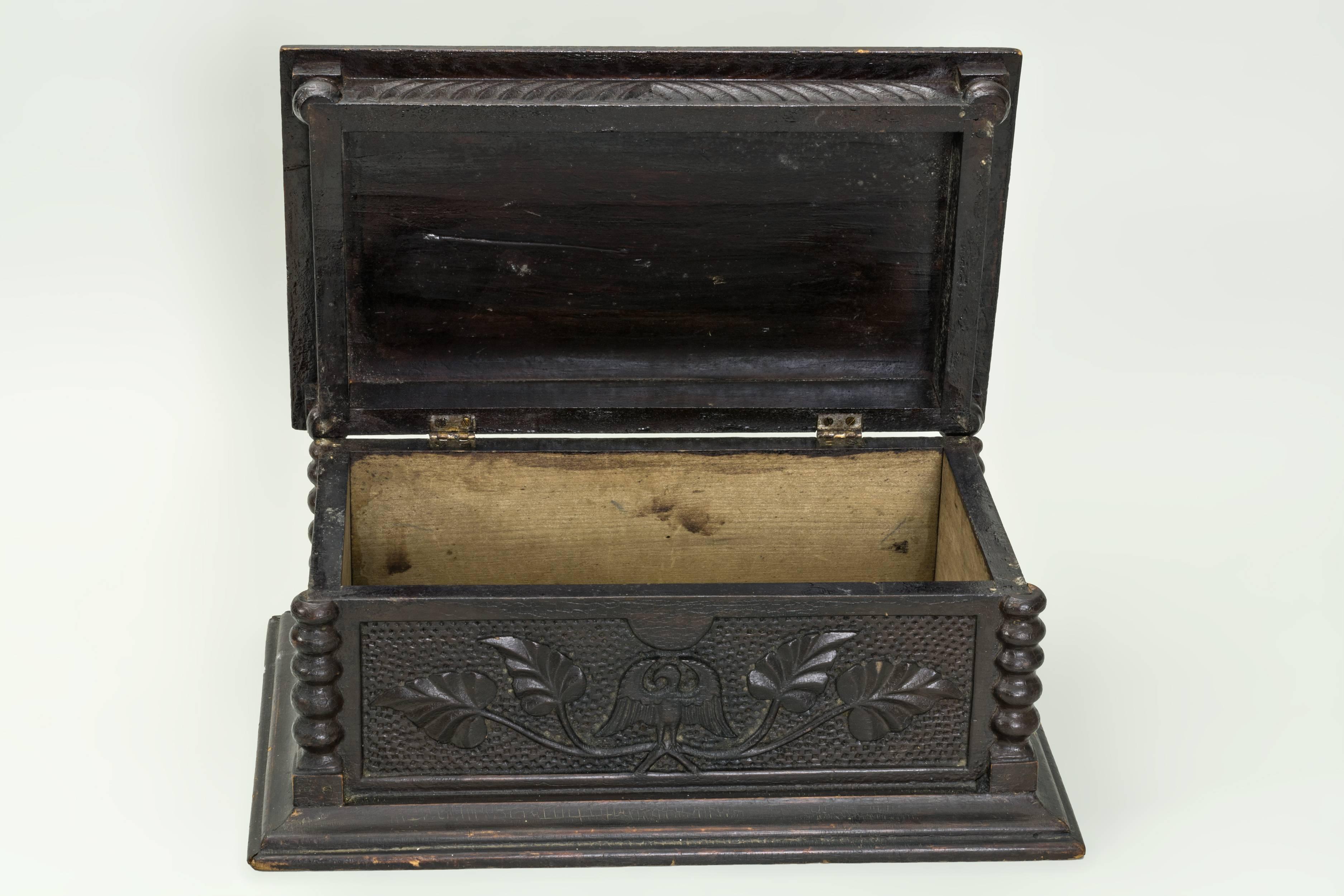 
Small lift top keepsake Pine box.
Relief and chip carved throughout, decorated with stars, eagles and gilded stars. Bottom reads: “Made by a Prisoner in Wethersfield, Ct”, dated 1910. 