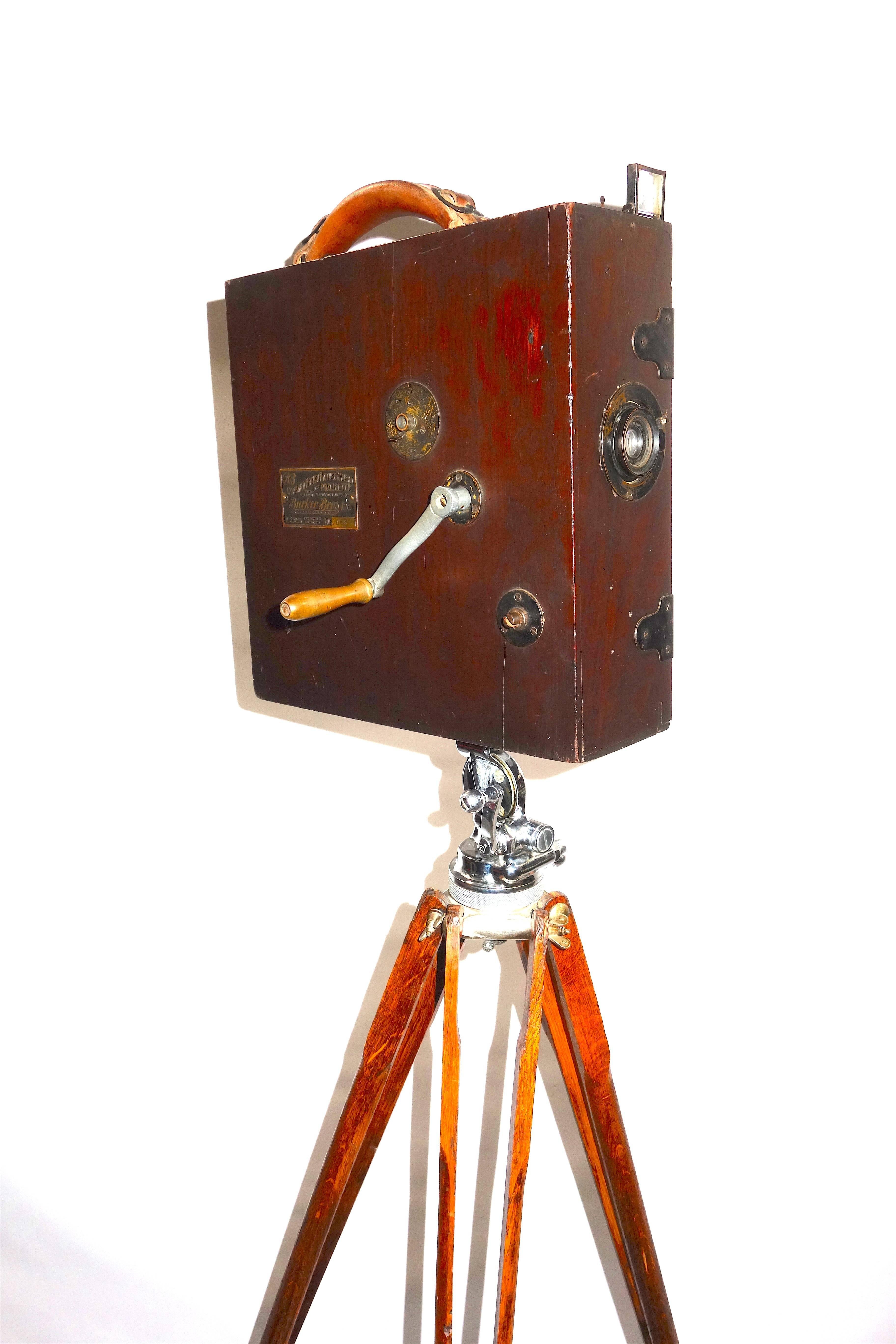 Art Deco King Barker 1916 Hand Crank Movie Iconic Camera Wood and Brass with Tripod For Sale