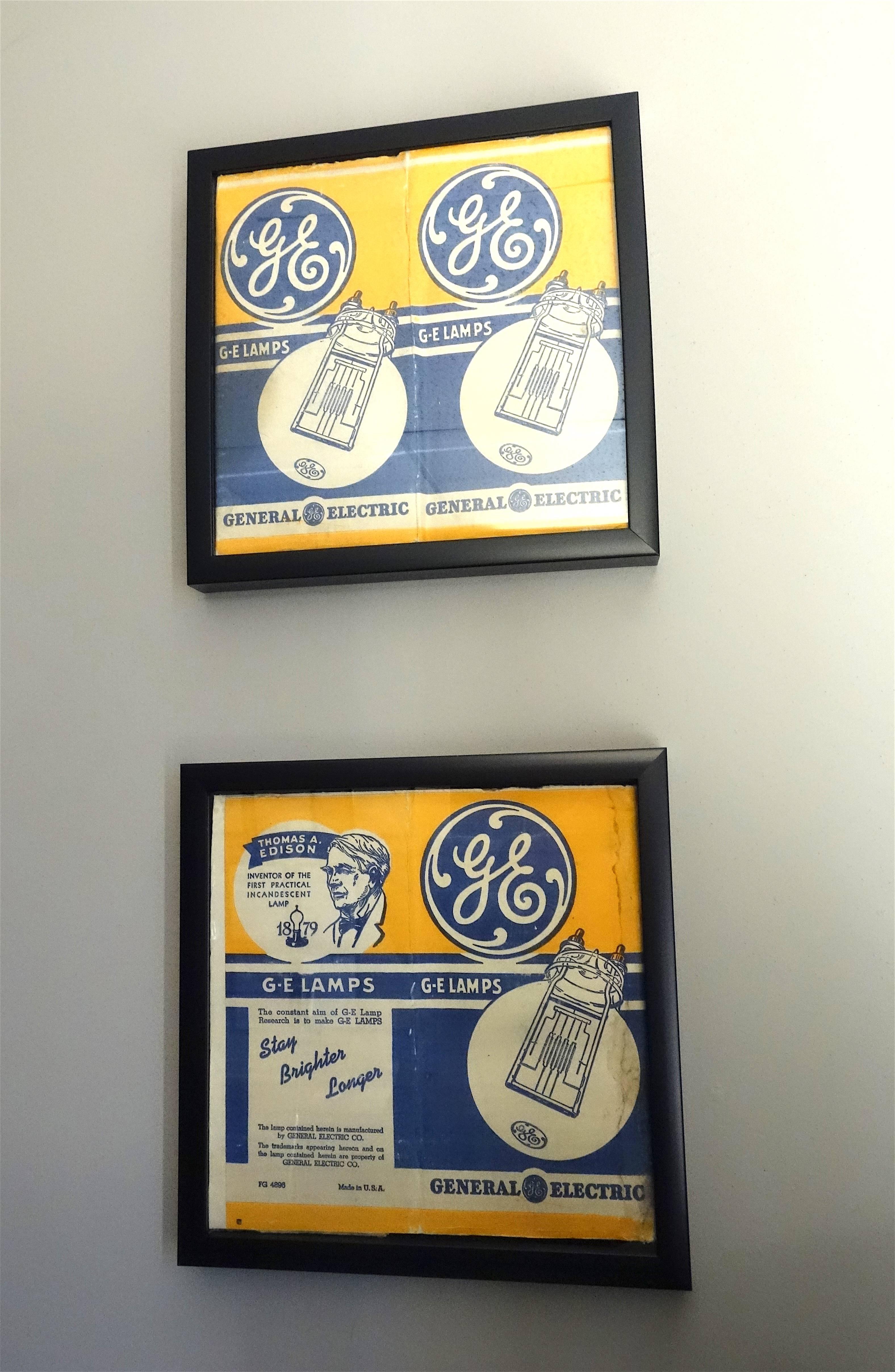 Submitted for your consideration is this framed pair of circa 1940s General Electric (G.E.) framed Motion Picture Studio Light Bulb packages / wrappers that all new G.E. lamps were delivered enclosed in during this period.

The colors are original