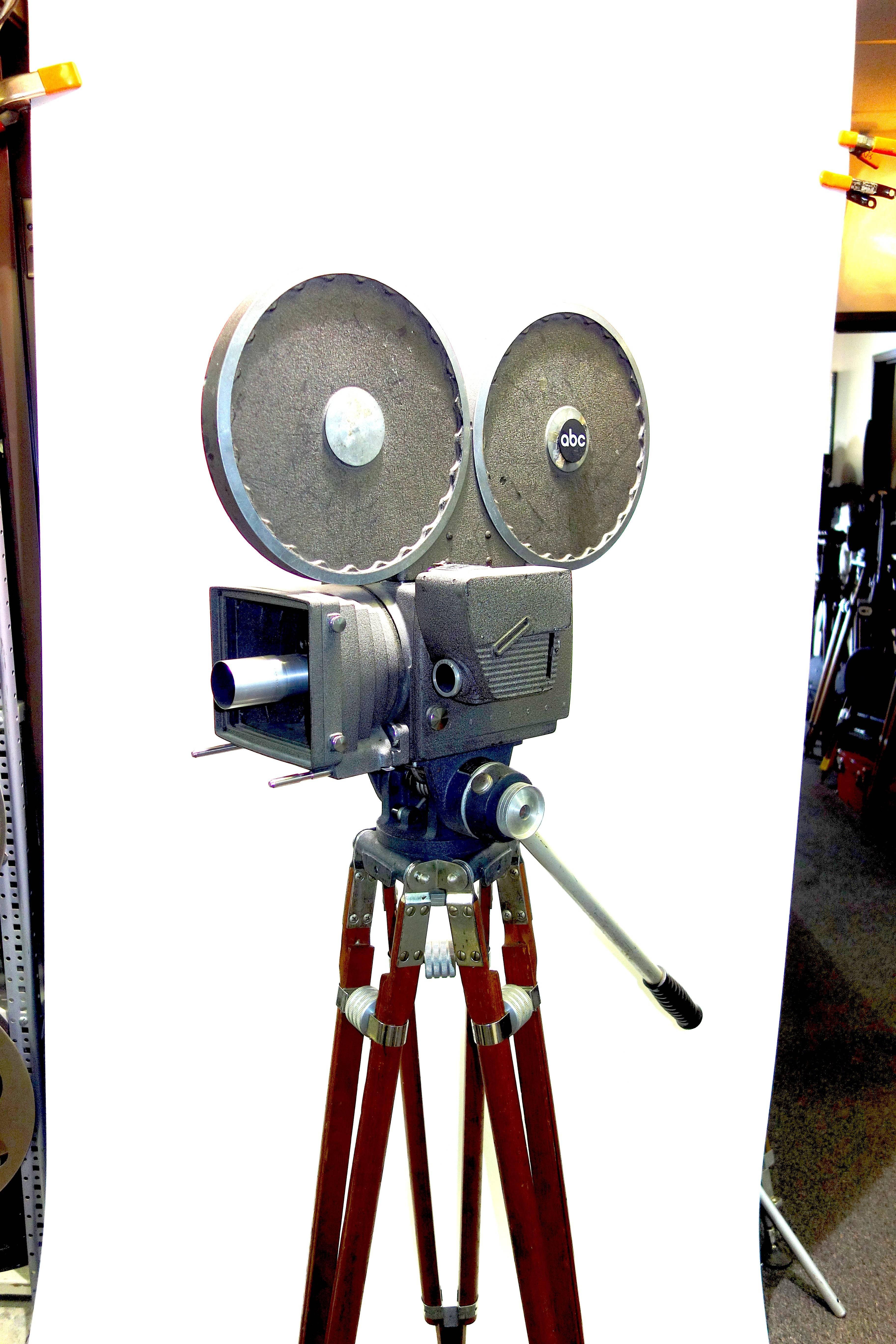 Industrial Cinema Newsreel Camera, as Sculpture, All Original with Wood Tripod For Sale