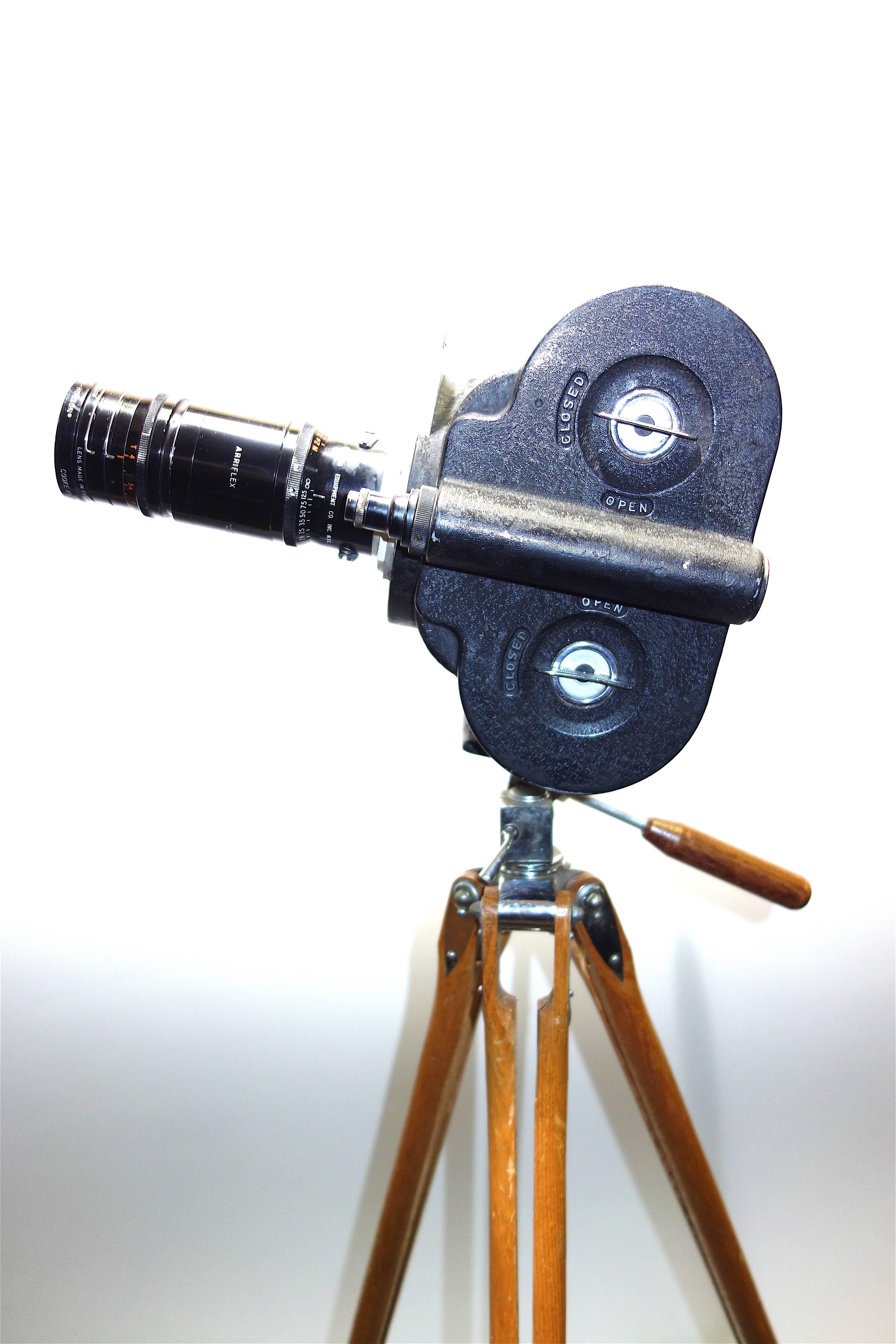 Machine Age Movie 35mm Camera HandCrank Winder with Wood Tripod, Vintage, circa 1931 For Sale