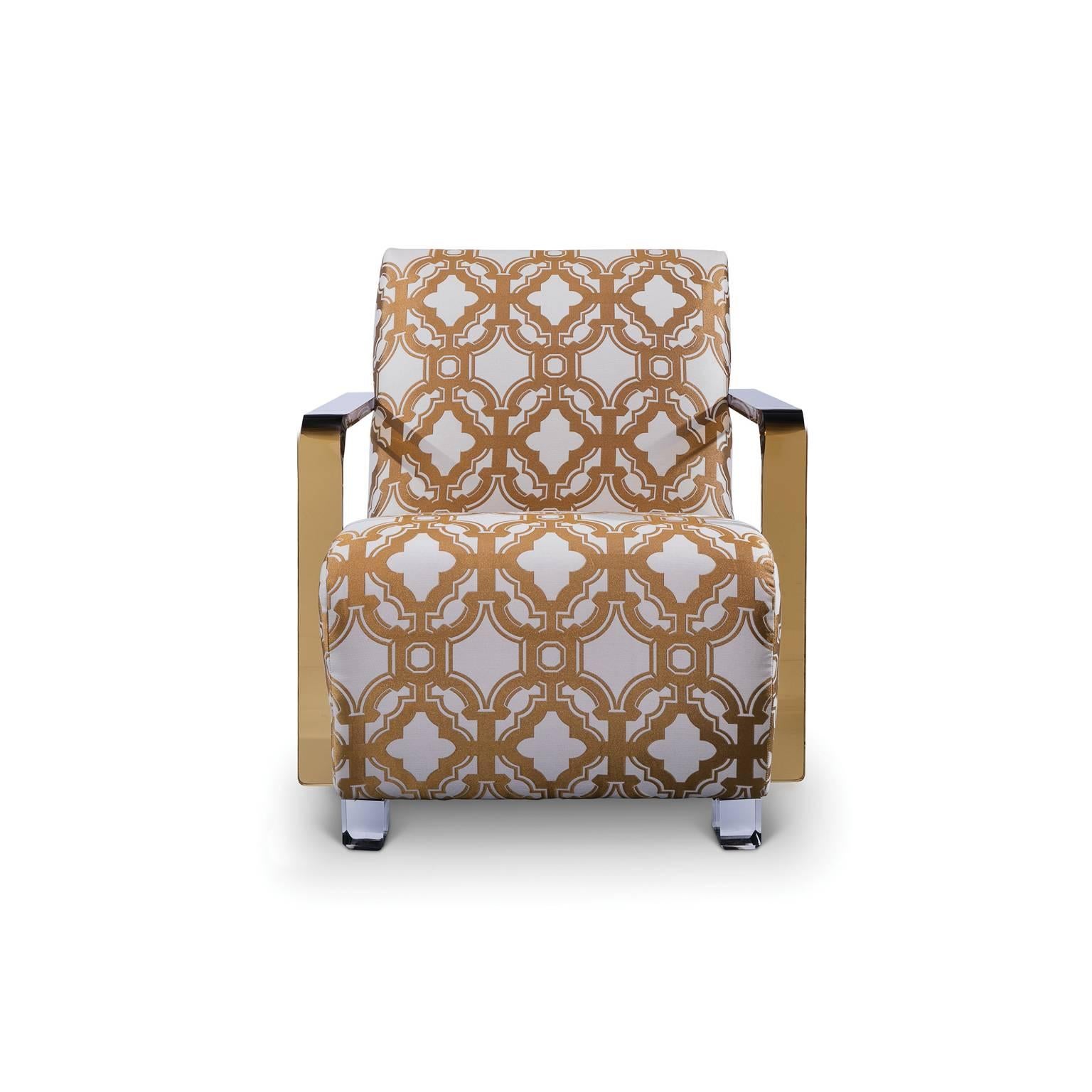 If the mythological beauty transported centuries forward for a night at Studio 54, this would be the chair representation. Gold, patterned lamé hugs the curves of the ample lounge seat, from which mirrored platforms peek. A singular acrylic piece