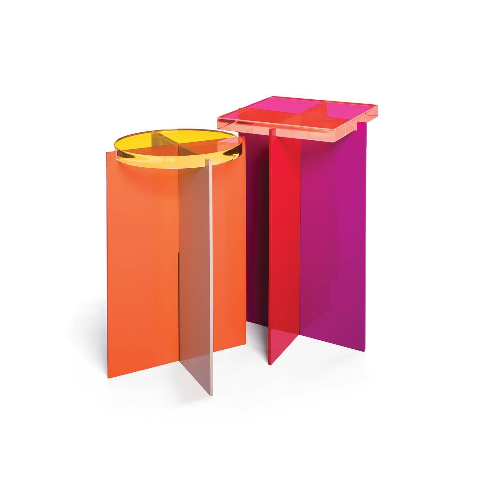 A collaboration between B. Pila and Flower Child, the primary tables brings us back to basics with simple geometry and cheerful colors. A powder-coated steel X-shape base palms candy-like tops of bright acrylic. The base allows for color blocking