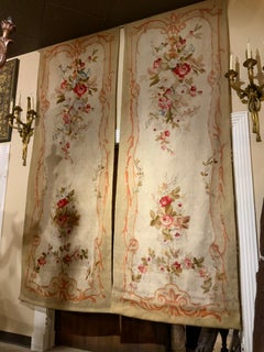 French Pair of Tall Aubusson Woven Tapestries, 19th Century Floral Design