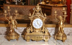 French 19th Century Three-Piece Bronze Doré Garniture Clock Set