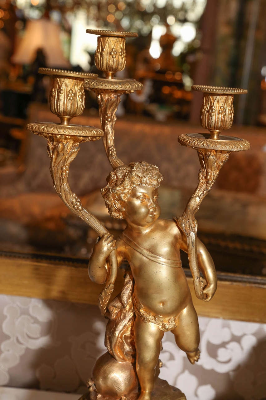 French 19th Century Three-Piece Bronze Doré Garniture Clock Set In Good Condition In Houston, TX
