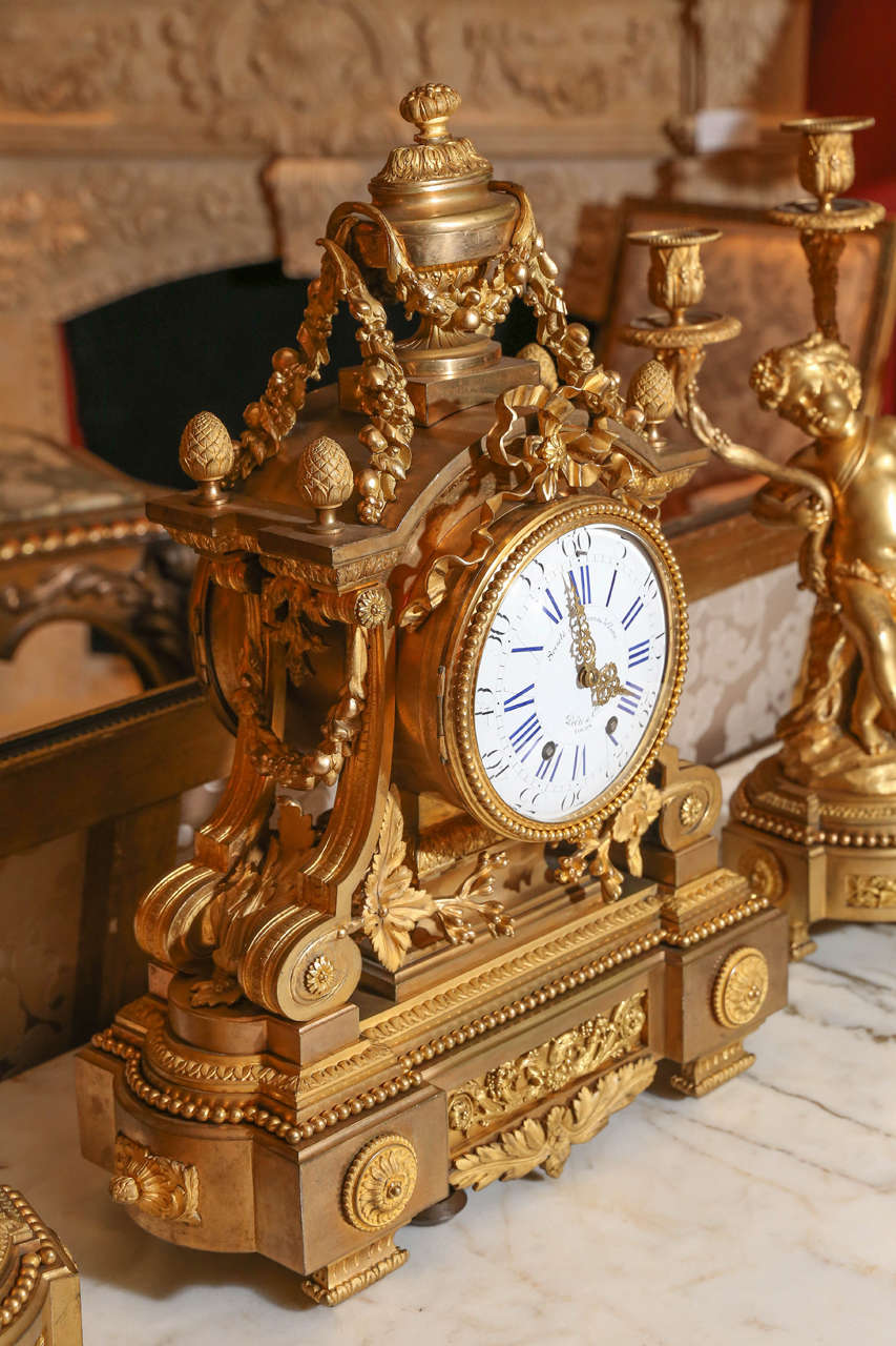 Gilt French 19th Century Three-Piece Bronze Dore Garniture Clock Set For Sale