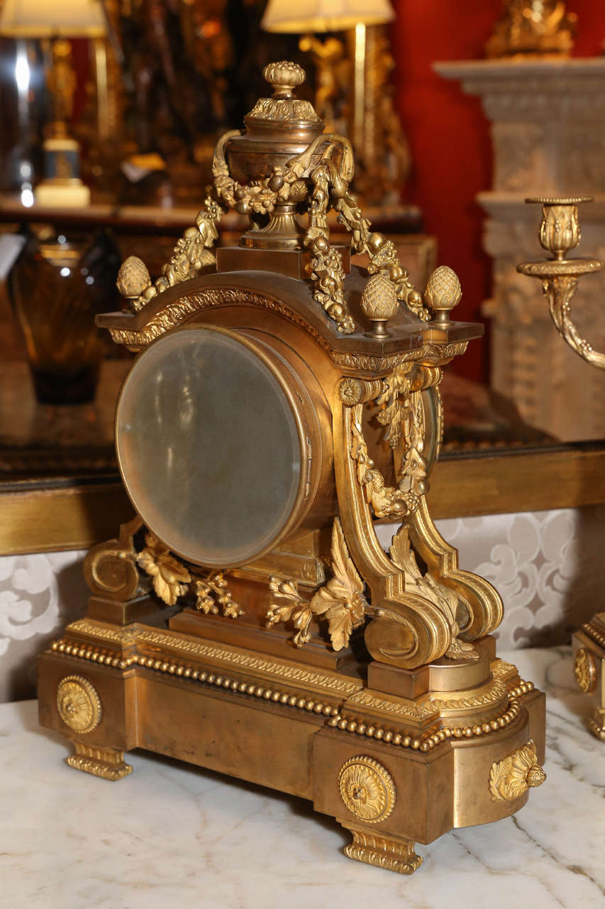 French 19th Century Three-Piece Bronze Dore Garniture Clock Set For Sale 4