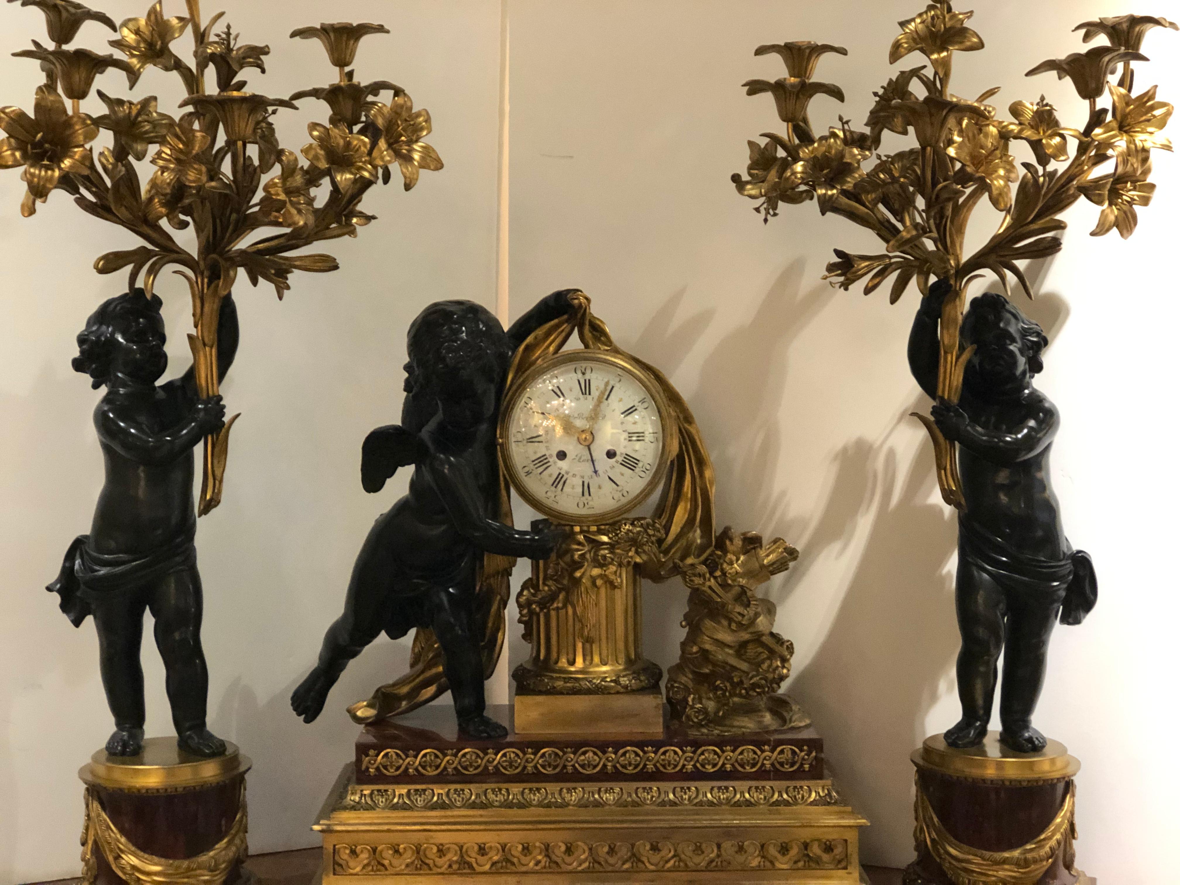 Bronze Doré and Rouge Marble Clock Garniture Set by Ferdinand Berthoud For Sale 5