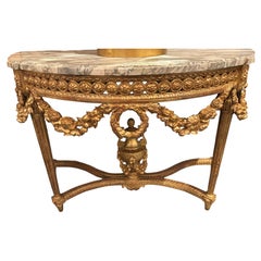 Pair of Louis XVI Style Giltwood Consoles with White and Gray Marble Tops