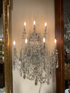 Antique Large Pair of Venetian Crystal Sconces, Seven Candles, Silver Metal Backs