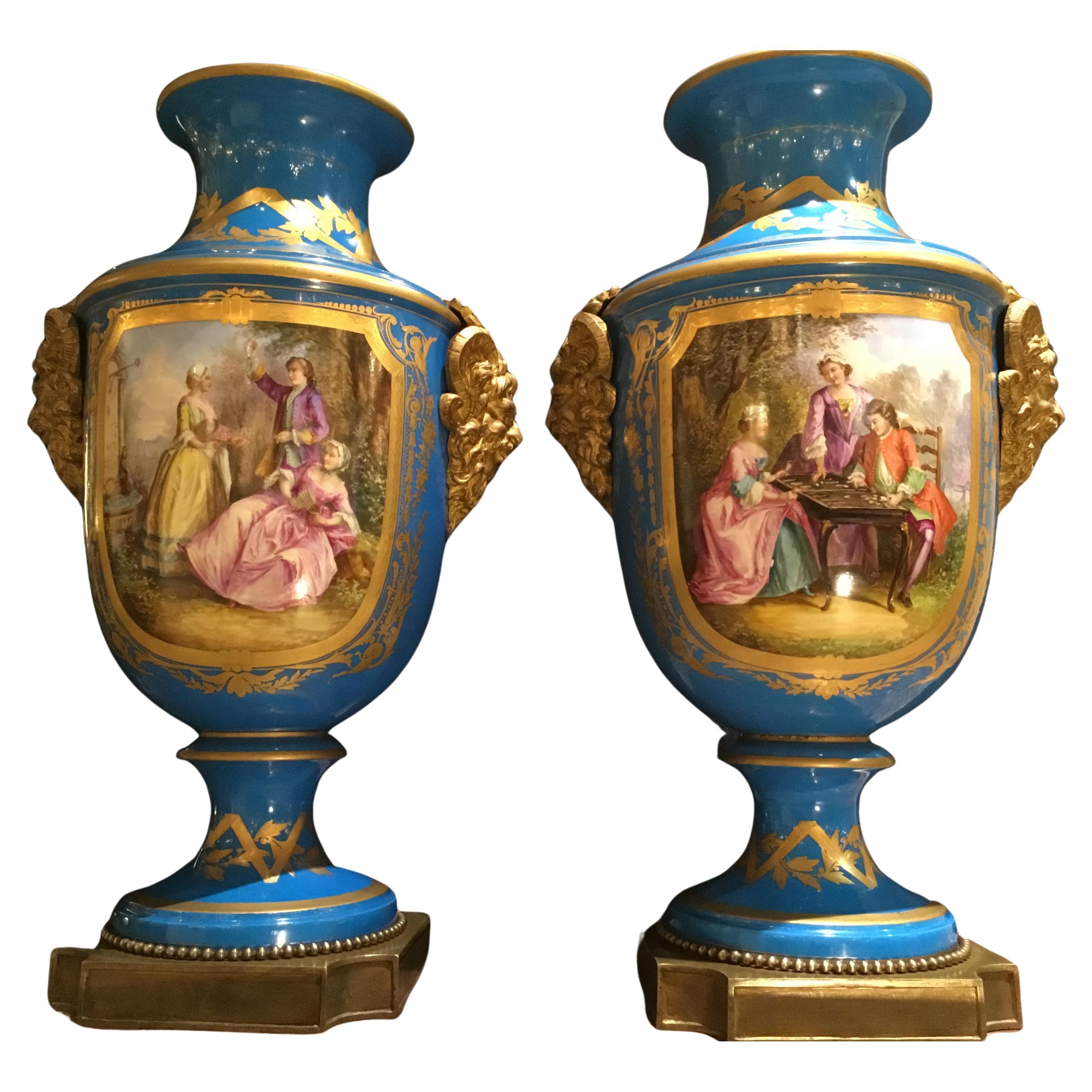 Fine Large Pair of Sevres Vases, Baluster Form in Bleu Celeste with Gilt Bronze