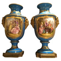 Fine Large Pair of Sevres Vases, Baluster Form in Bleu Celeste with Gilt Bronze
