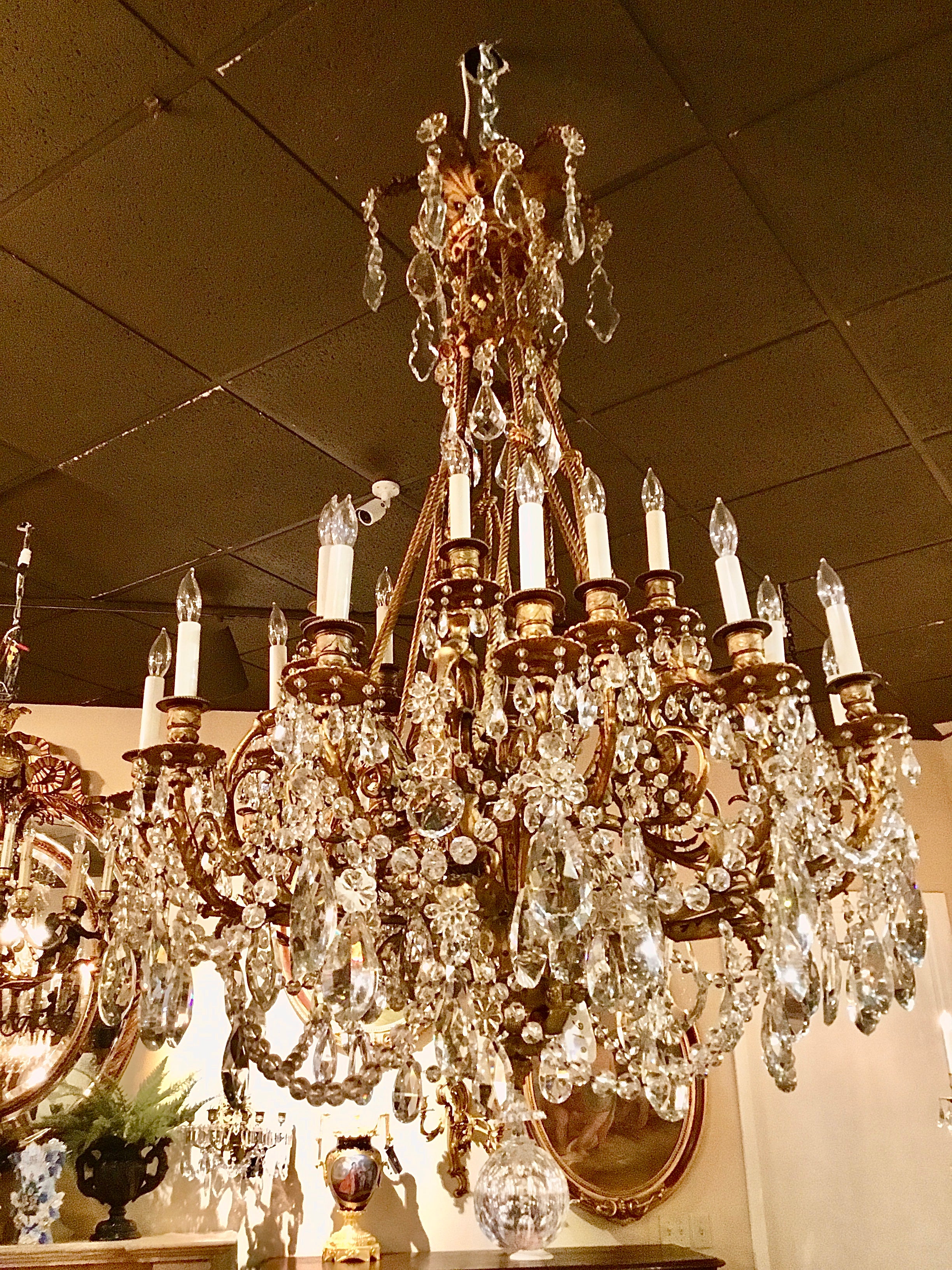 Large Custom Designed Chandelier, Gilt Bronze and Crystal, 24 Lights