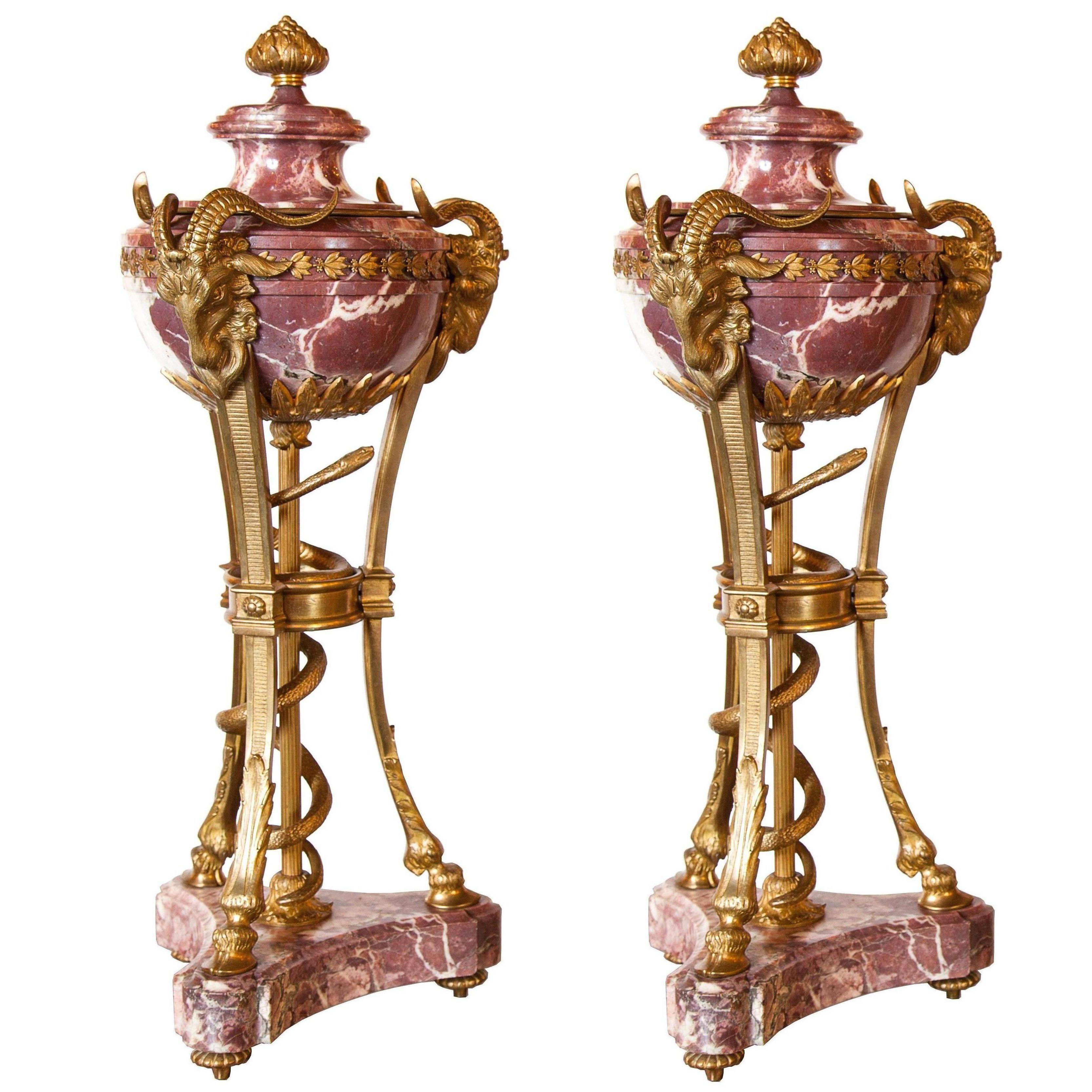 Pair of Gilt Bronze and Rouge Marble Cassolettes