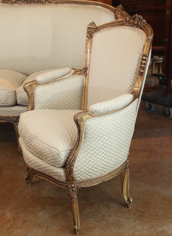 Three piece Giltwood Settee set in the Jacob Style
Settee plus two Bergere chairs. All in very good condition
Covered in fabric by Nobilis
It is 19th century, circa 1840
The chairs measure:
29 inches wide by 20 in deep by 21 in seat height
And