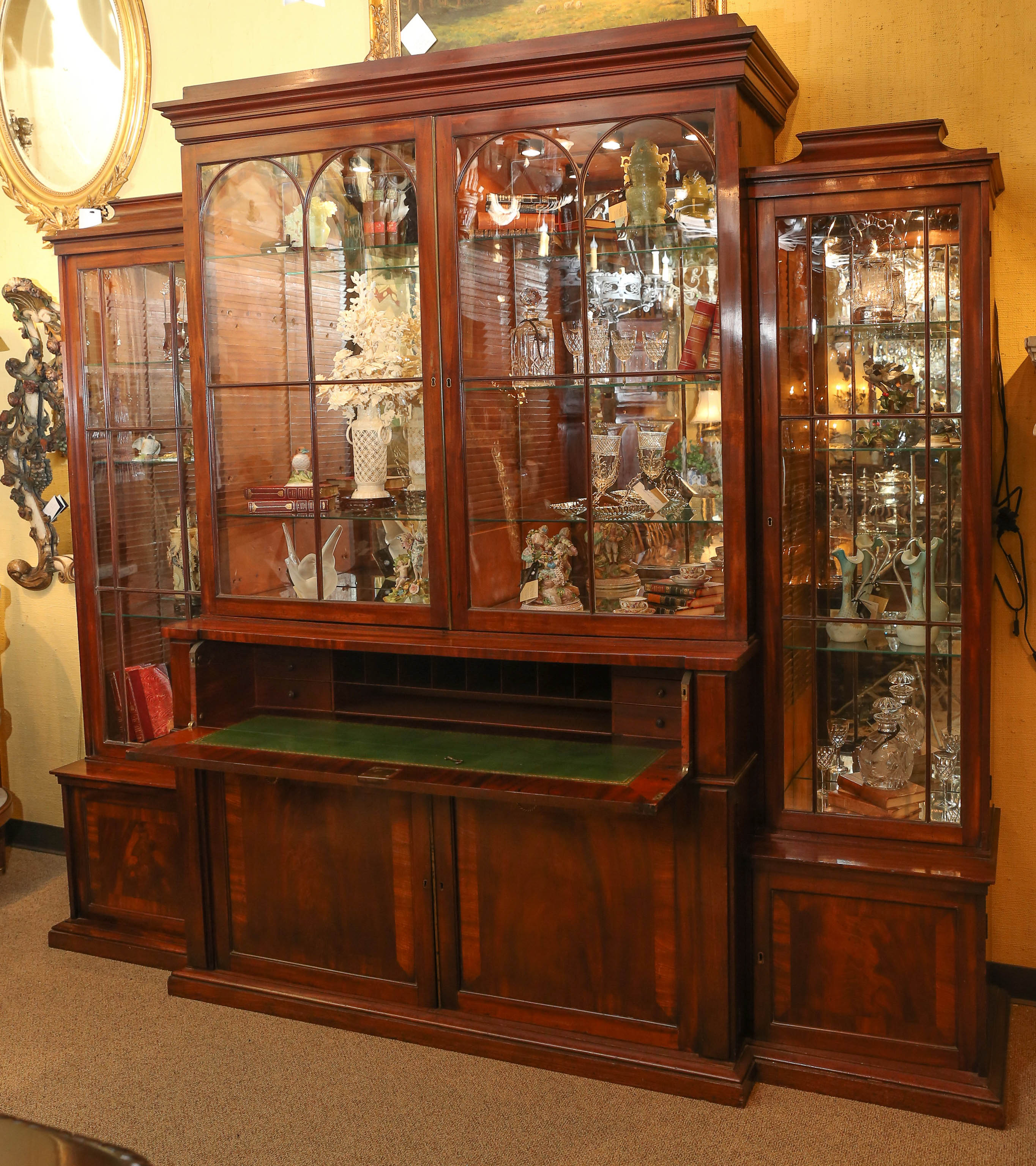 Antique English Mahogany Breakfront Bookcase and secretary; 19th Century