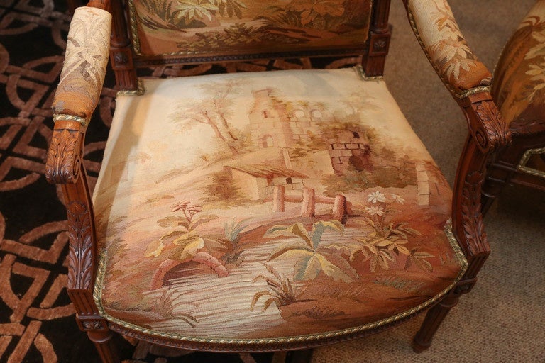 French Louis XVI Style Carved Mahogany  tapestry Upholstered parlor suite, 6 pieces For Sale