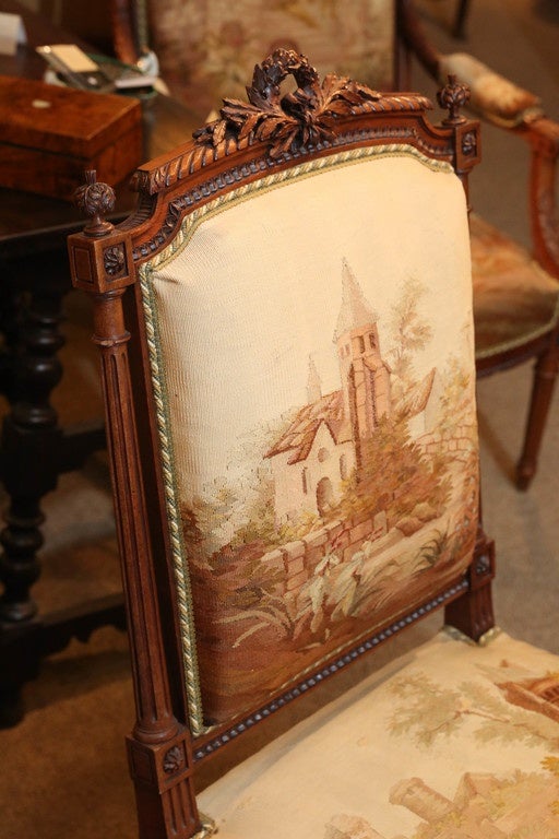 19th Century Louis XVI Style Carved Mahogany  tapestry Upholstered parlor suite, 6 pieces For Sale