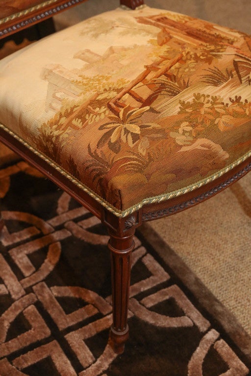 Tapestry Louis XVI Style Carved Mahogany  tapestry Upholstered parlor suite, 6 pieces For Sale