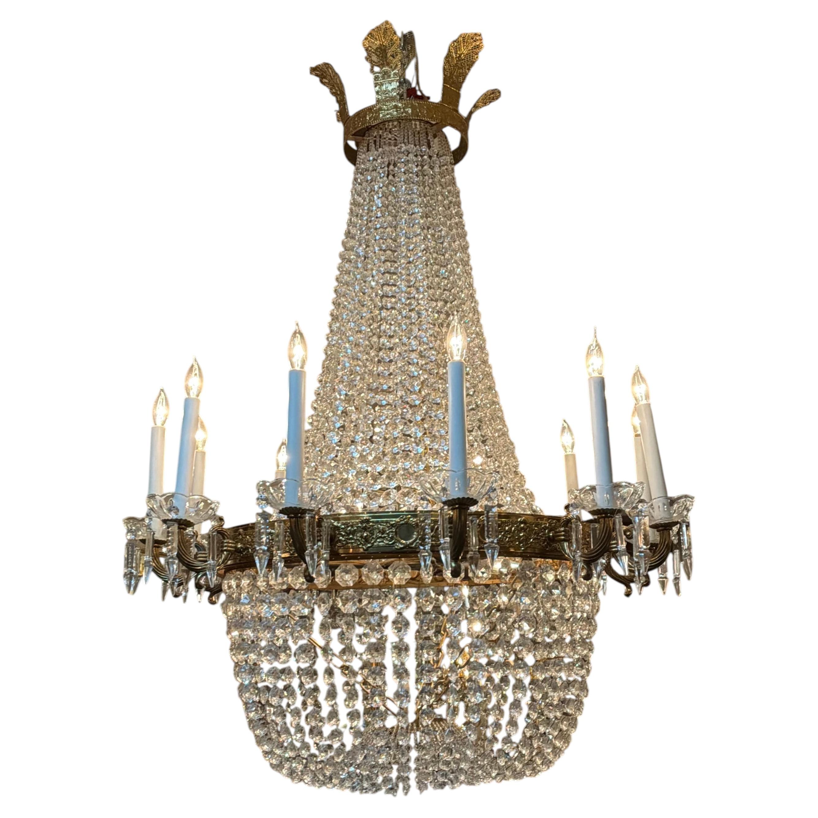 Large French empire style chandelier with fifteen lights For Sale