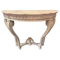 Pair of French white painted consoles and marble tops