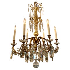 French bronze and crystal six light chandelier