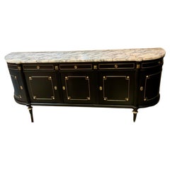 French louis XVI style black painted sideboard with white and black marble