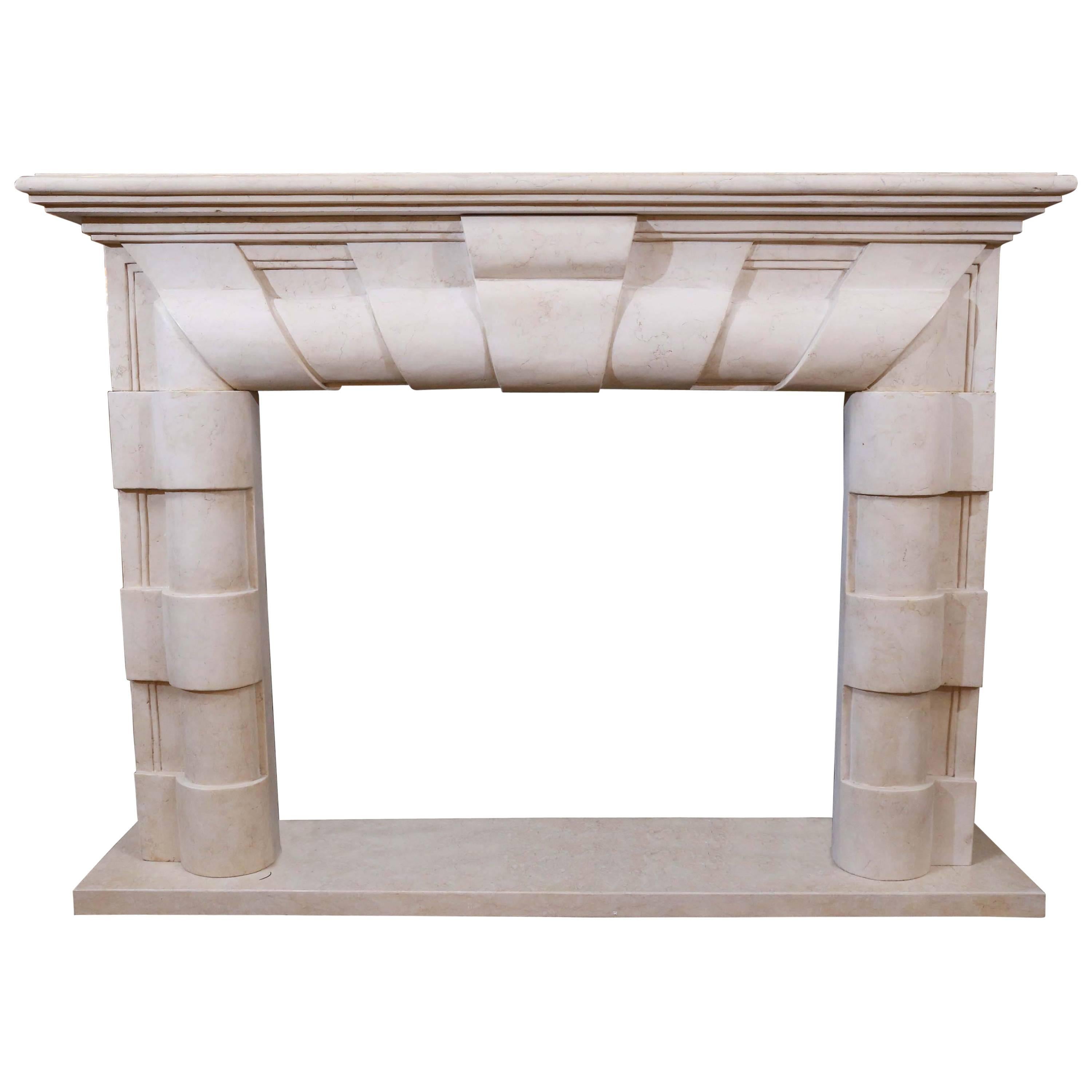 Marble Mantel in Art Deco Style, Hand-Carved Stone in Pale Cream Color