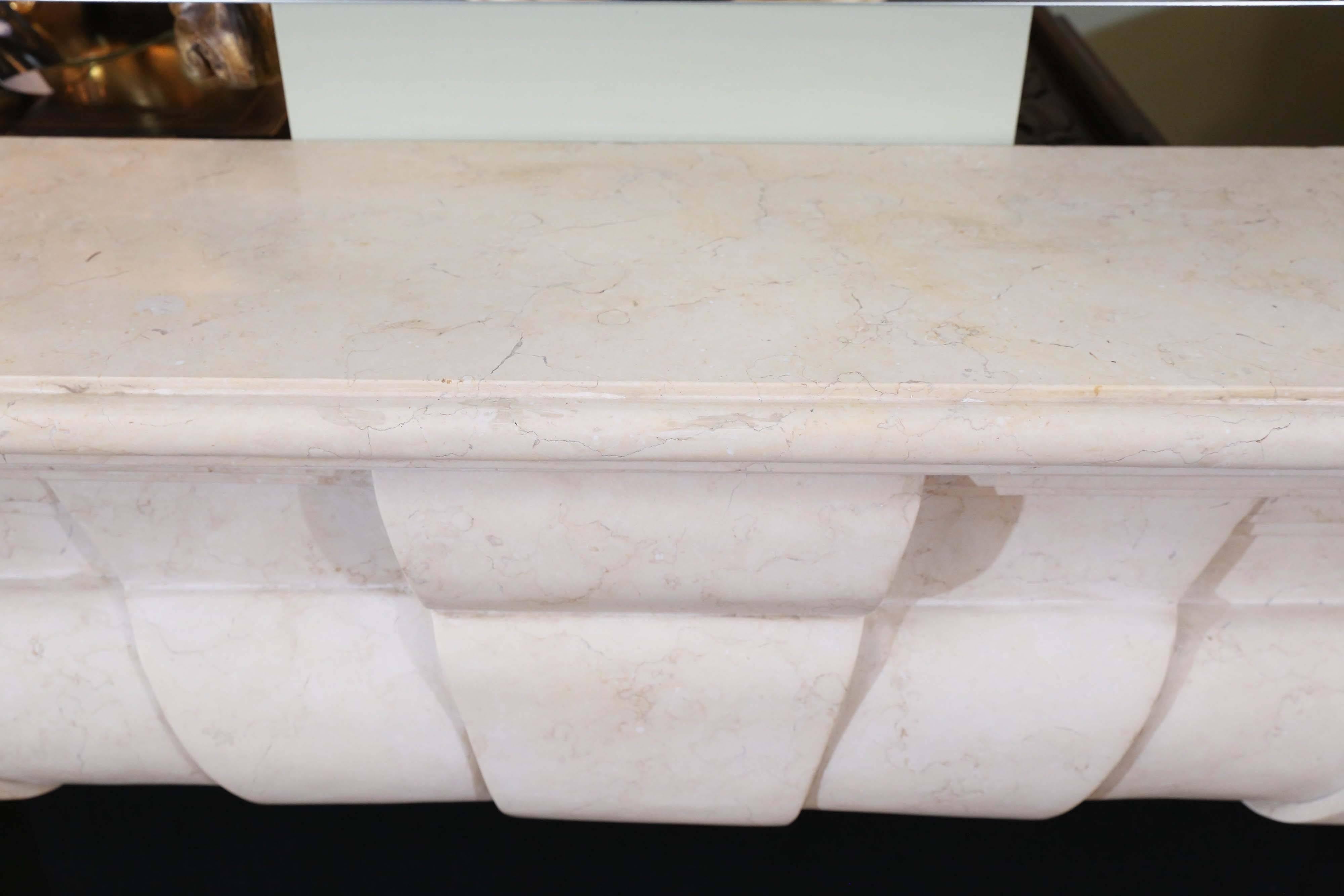 Contemporary Marble Mantel in Art Deco Style, Hand-Carved Stone in Pale Cream Color
