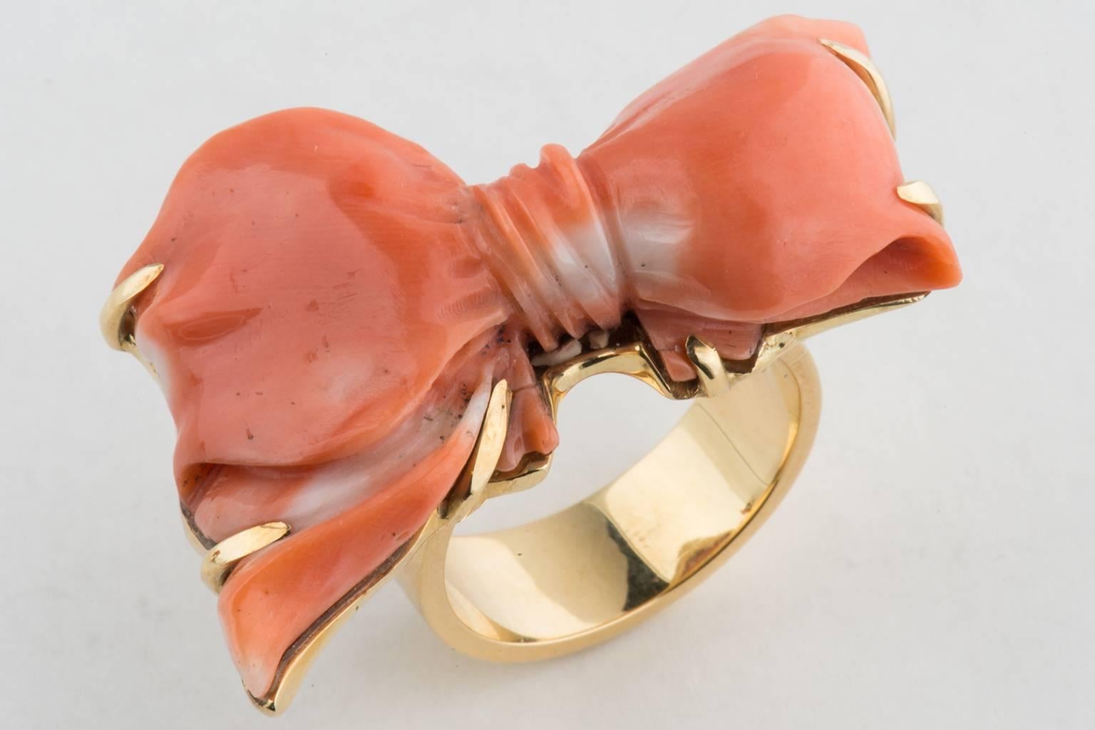Modern Coral and Gold Sculpture Ring, Unique Piece For Sale