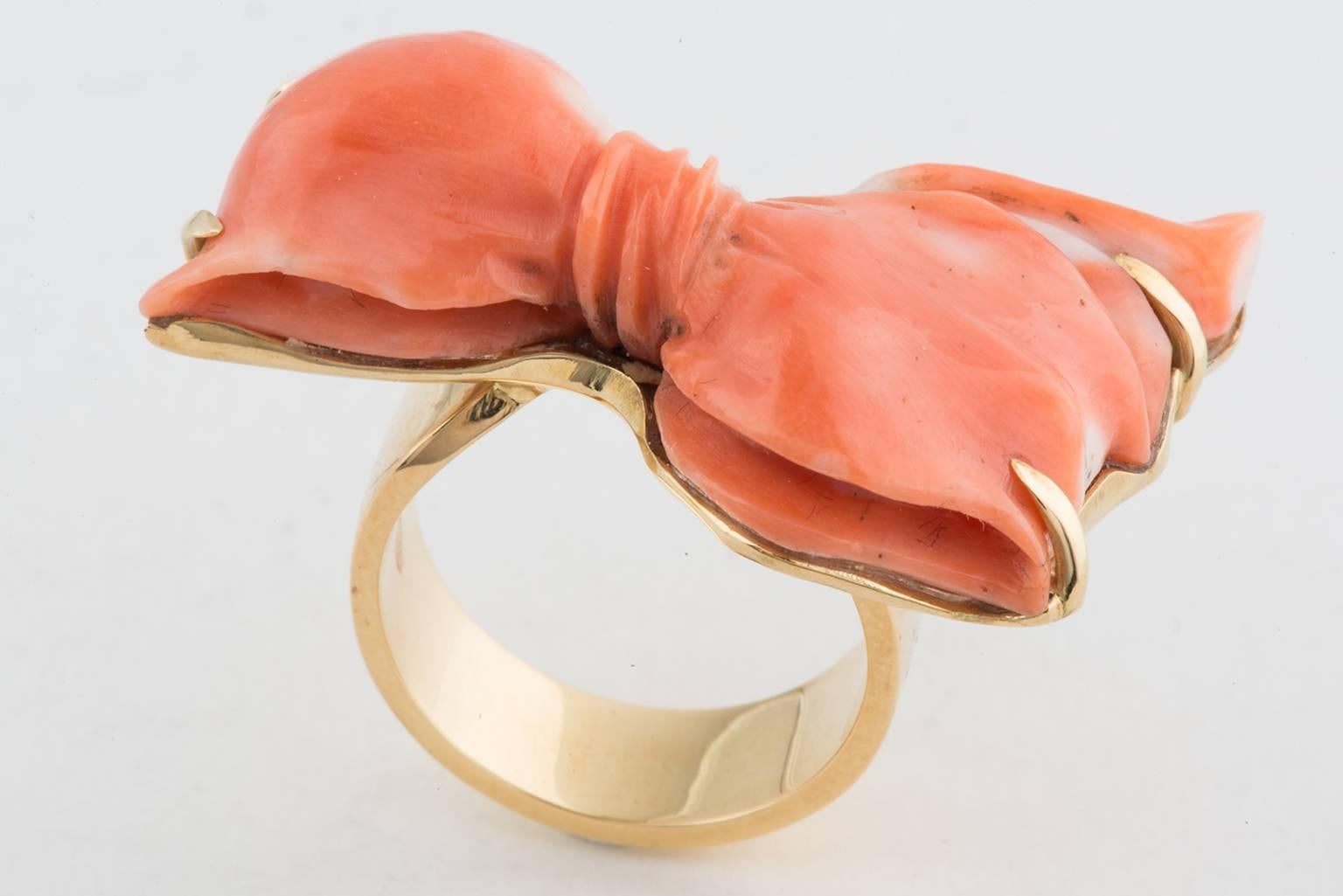 Hand-Carved Coral and Gold Sculpture Ring, Unique Piece For Sale