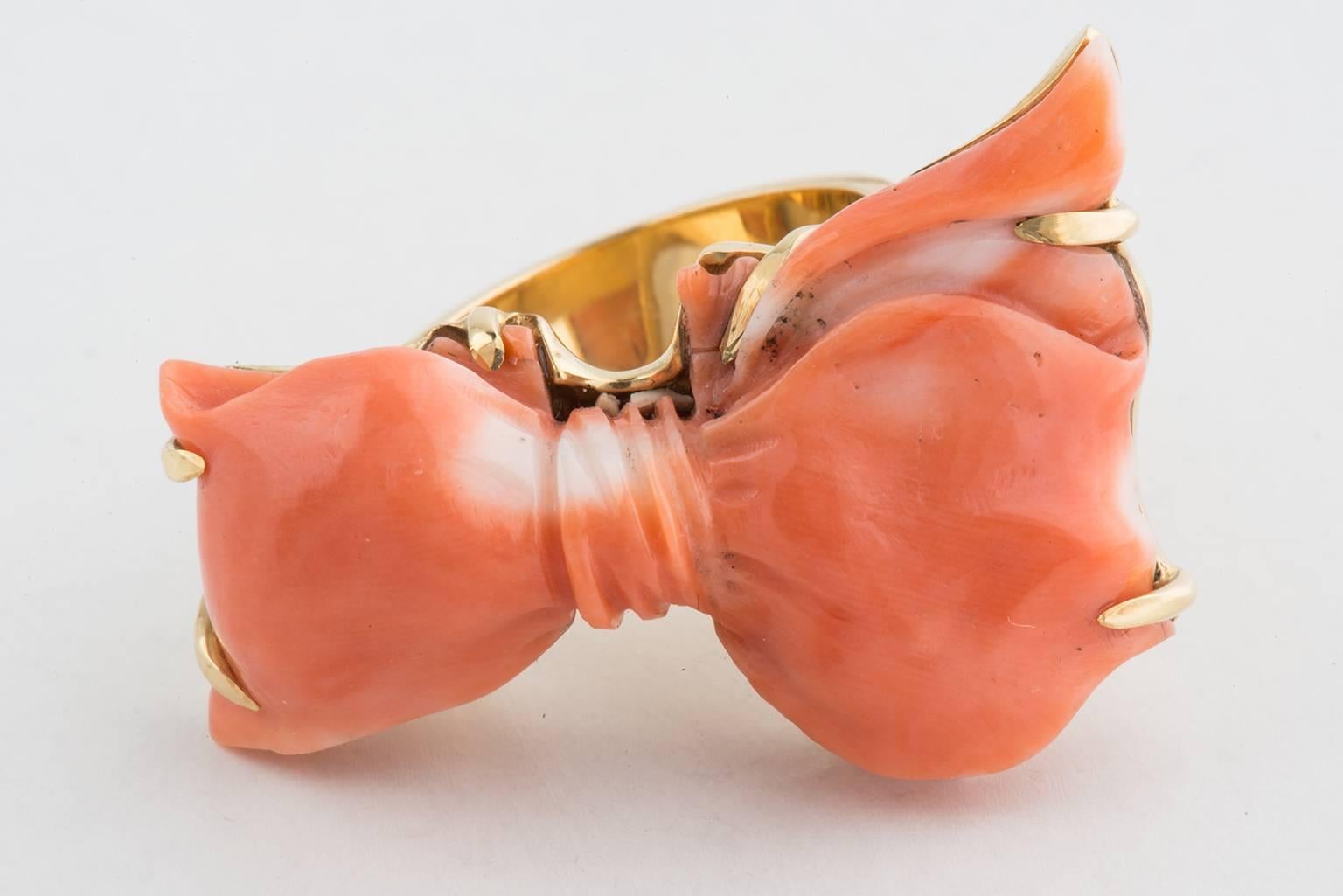 Italian Coral and Gold Sculpture Ring, Unique Piece For Sale