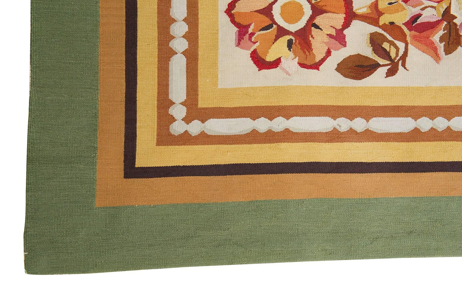 Charles X Square Modern Aubusson Green Carpet, not Needle Point For Sale