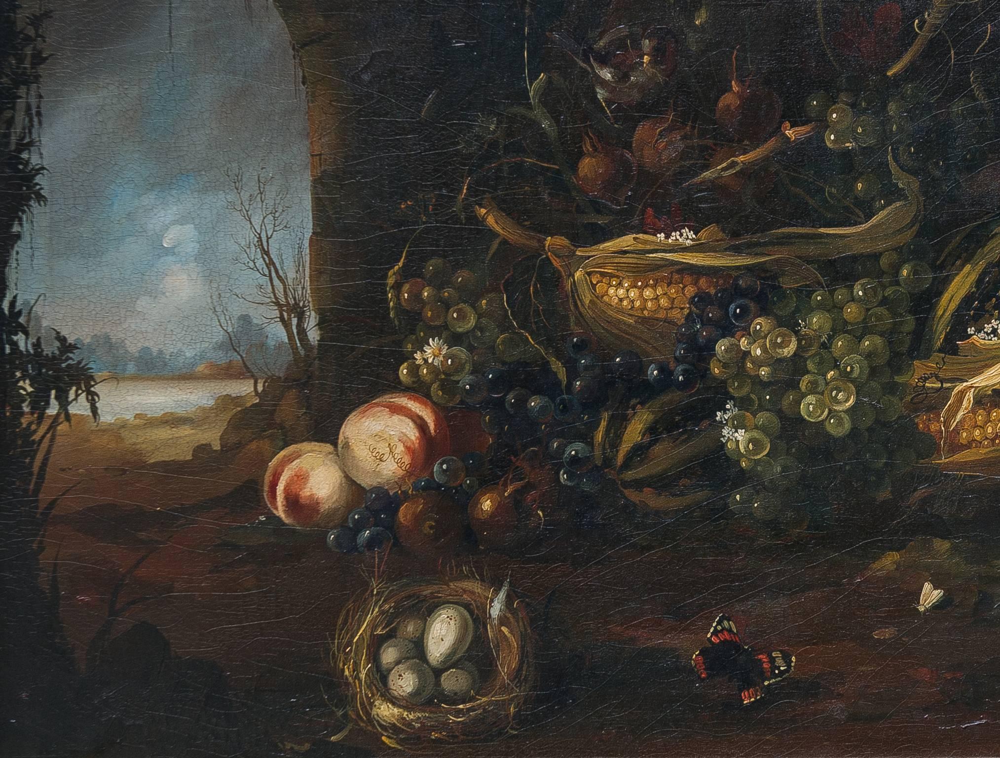 Hand-Carved Italian  Still Life Painting Oil on Canvas in Flemish Style For Sale