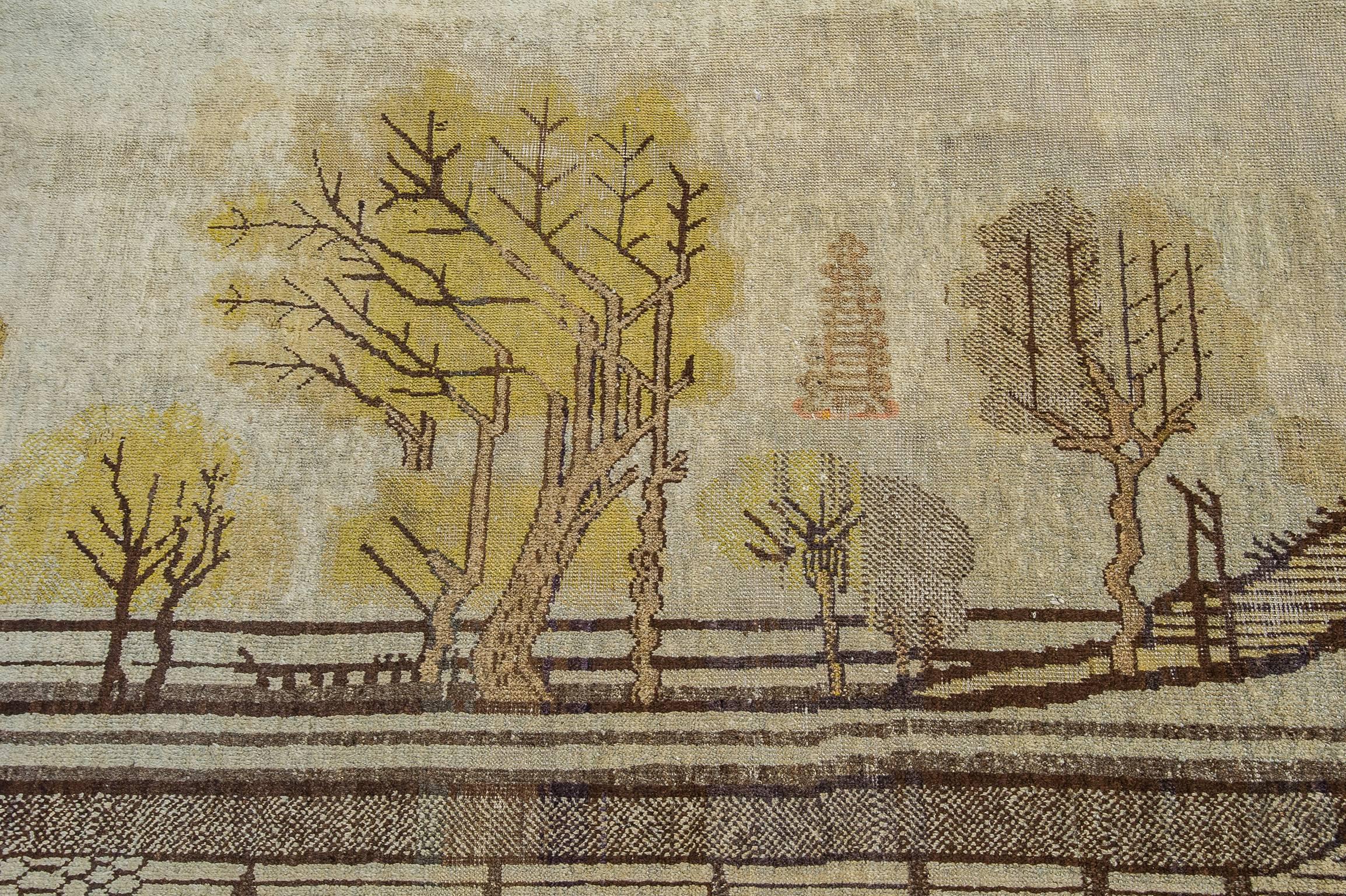 Wool Vintage Samarkanda or Khotan  Rug with Landscape For Sale