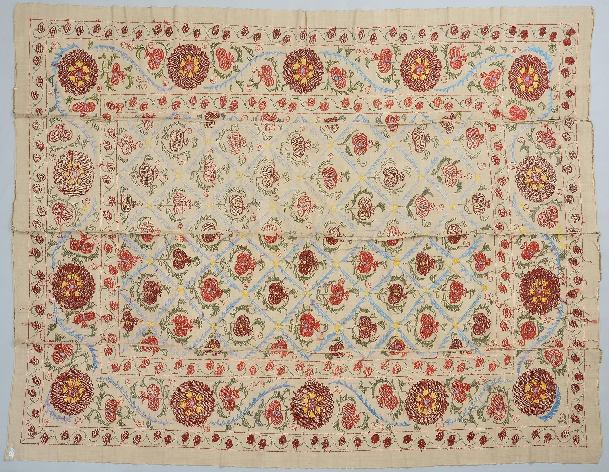Unusual sizes for this Suzani with Pomegranates, silk embroidery on a very fine fabric (cotton and silk). The design represents pomegranates, symbol of abundance.
Suitable for bed or table or window or wall - Exceptional quality !
B/2399-2.