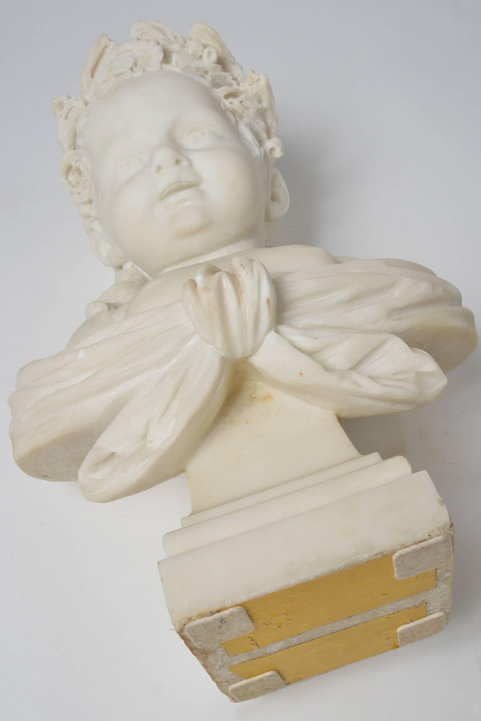 Hand-Carved White Marble Statue : Smiling Little Girl Sculpture For Sale