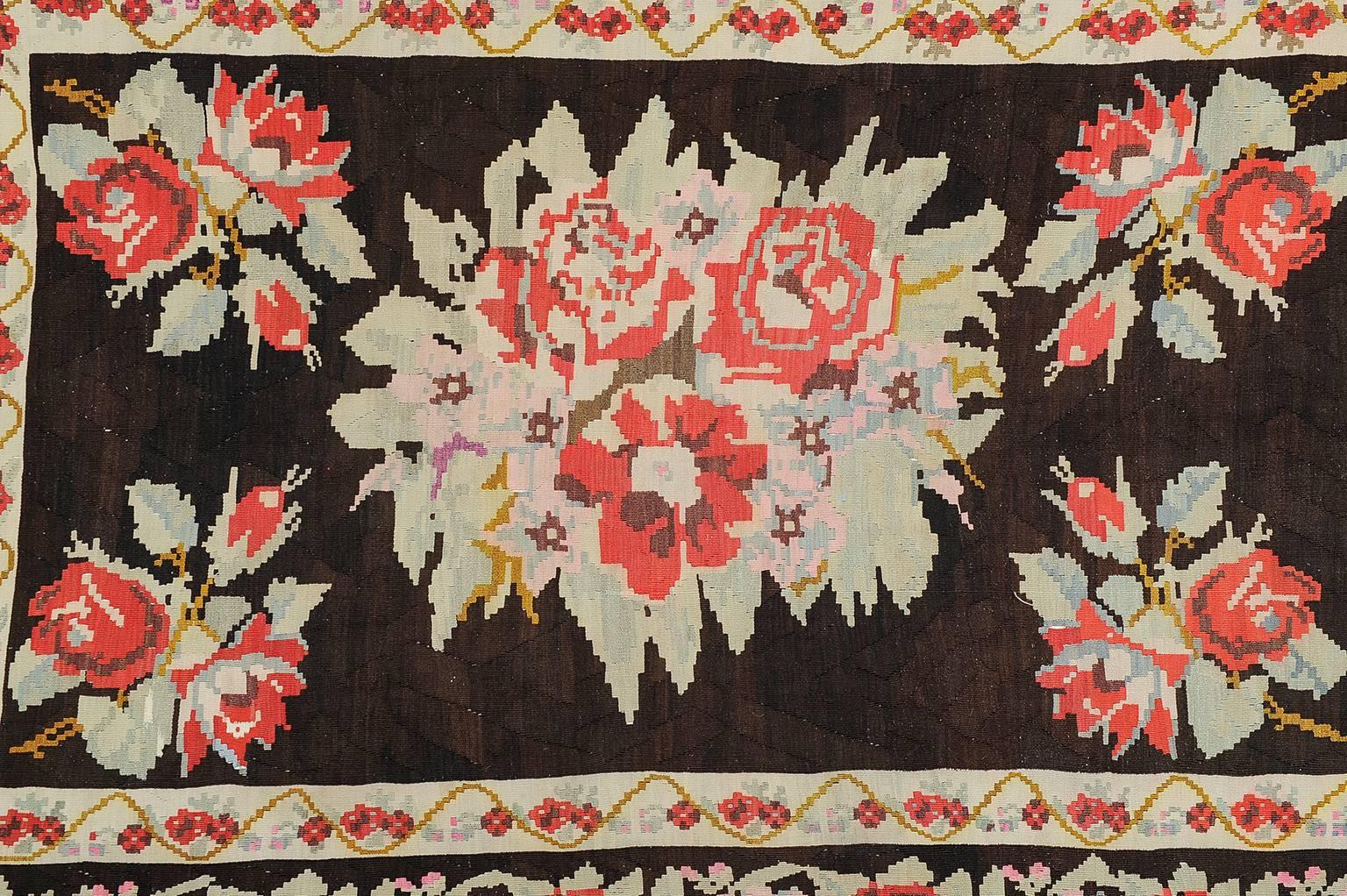 Hand-Woven Old  Caucasian Kilim KARABAGH or Flatwave with Red Roses For Sale