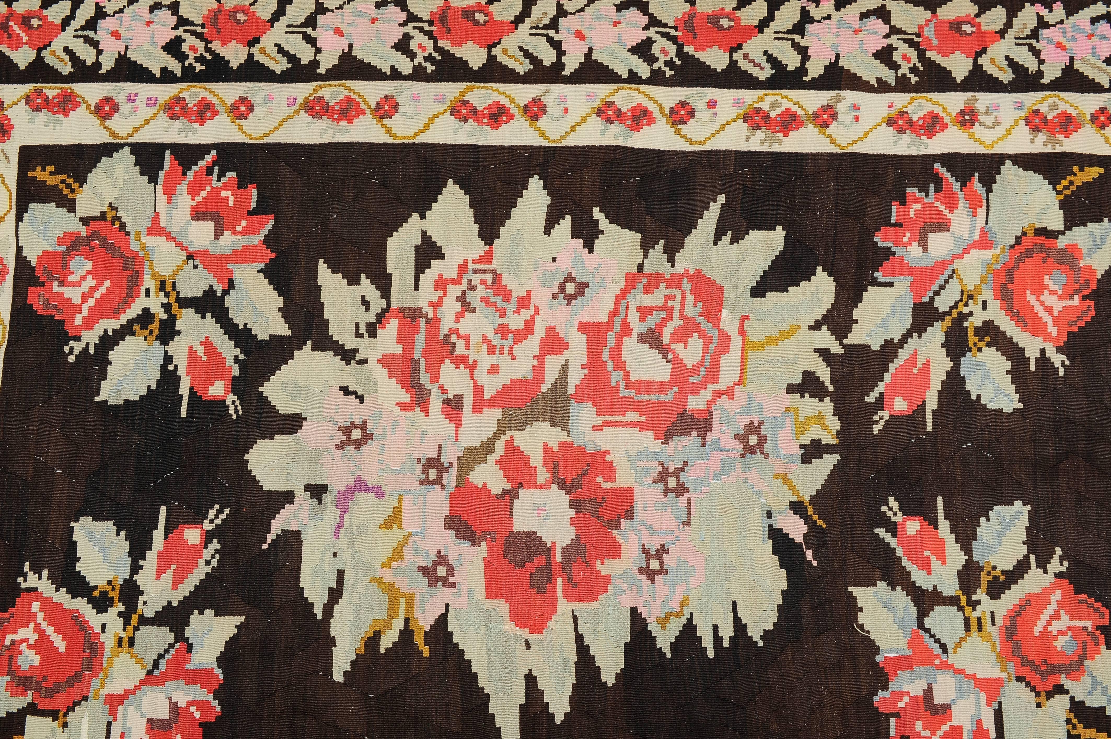 20th Century Old  Caucasian Kilim KARABAGH or Flatwave with Red Roses For Sale