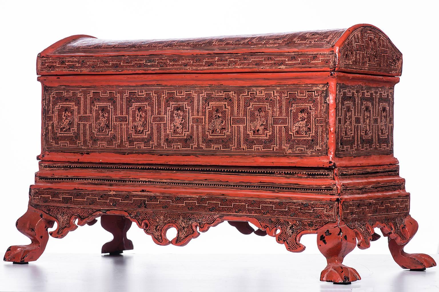  Splendid and vintage Burmese Box, red  lacquered and engraved, unusual size.
O/5307 -