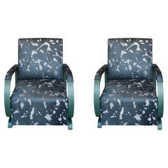 Green Leather Pair Art Déco Club Armchairs