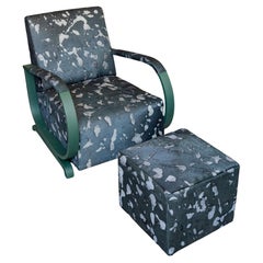 Green Leather Pair Art Déco Club Armchairs with a Stool