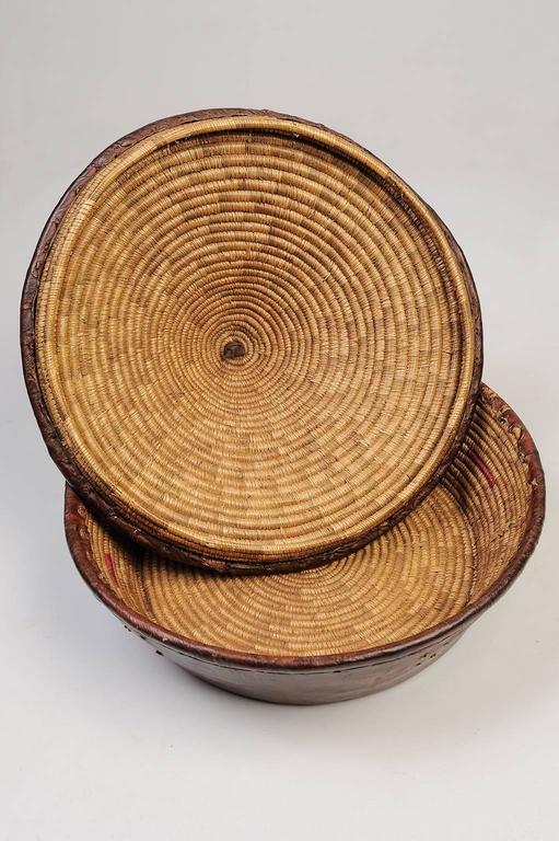Vintage indian LeatherCovered Basket with lid For Sale at 1stDibs