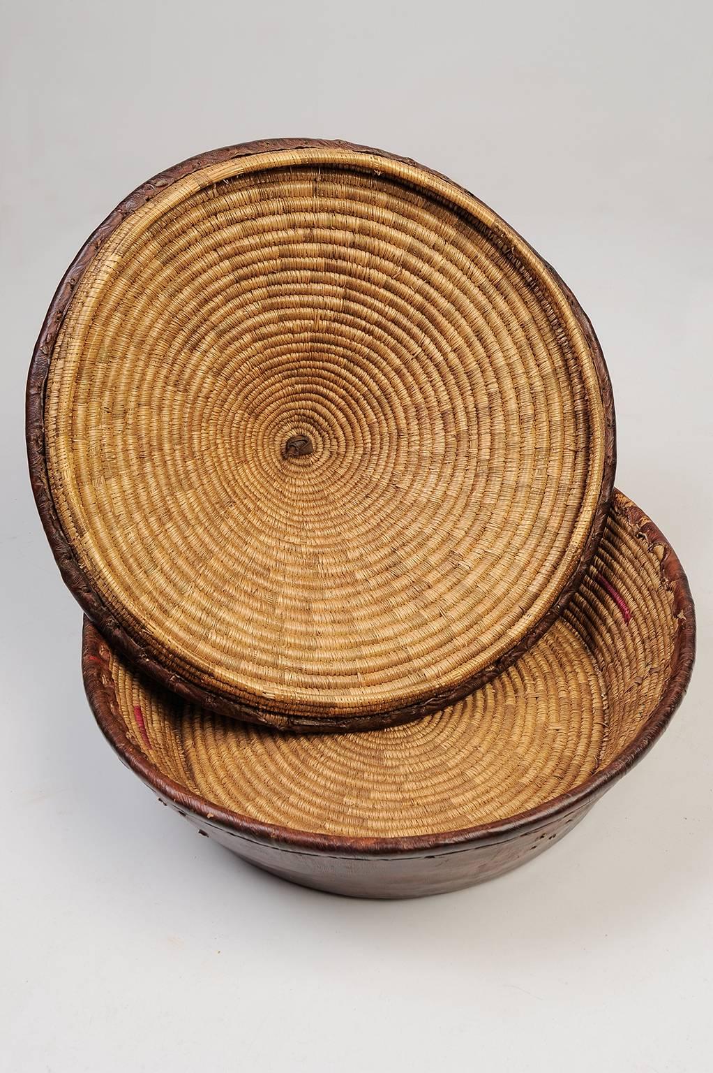 Hand-Crafted Leather-Covered Indian Basket with Lid For Sale